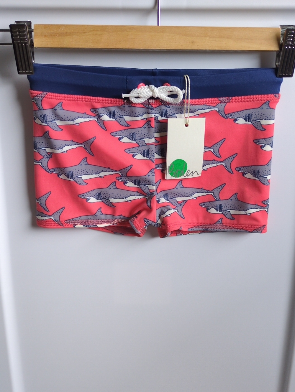 Mini Boden Boys Swim Trunks Sharks Red/Coral Navy 3-4yrs NWT